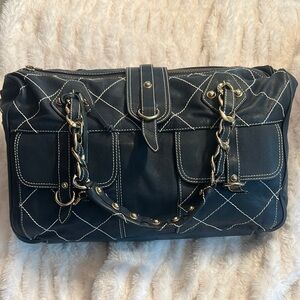 Navy Blue‎ and Gold Quilted Satchel with Chain-Link Strap